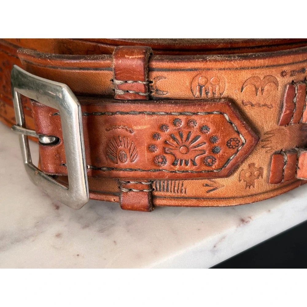 Vintage Tooled Leather Cartridge Belt Western Cowboy Longhorn Cactus 36 Inch